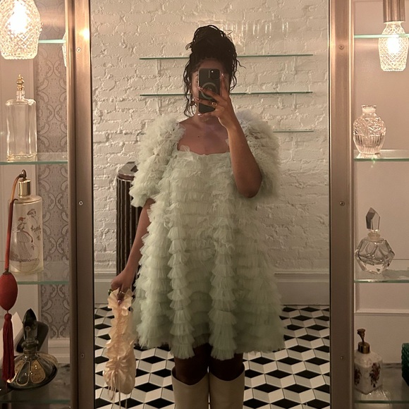 Puff sleeve tulle square neck mini dress sage mint green - Picture 5 of 5